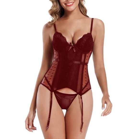 🏷🆕S-2XL; Women's Wine Red Corset with Garter and Matching G String Panties Set - Picture 4 of 14